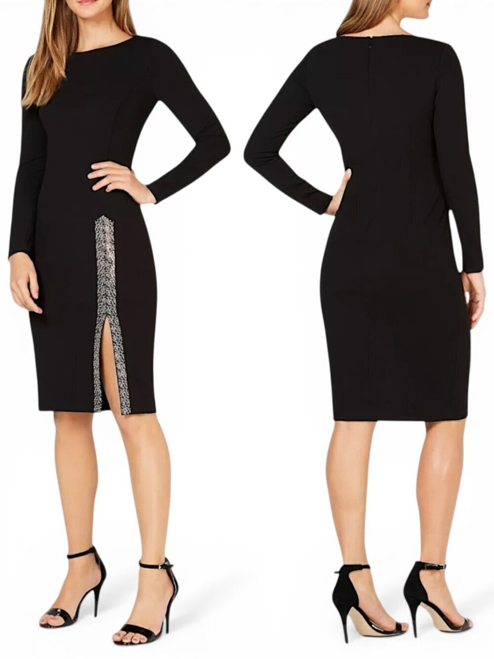 Calvin Klein Black Embellished Slit Rhinestone Long Sleeve Crepe Sheath Dress 4